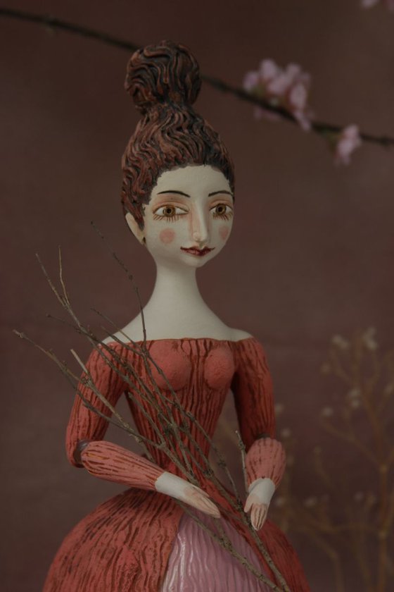 Beautiful Dame with Twirled Updo in Red & White Dress.  Wall sculpture by Elya Yalonetski