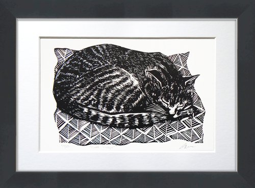 Cat nap linoprint by Carolynne Coulson