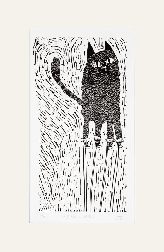 Big cat on stilts - lino cut print