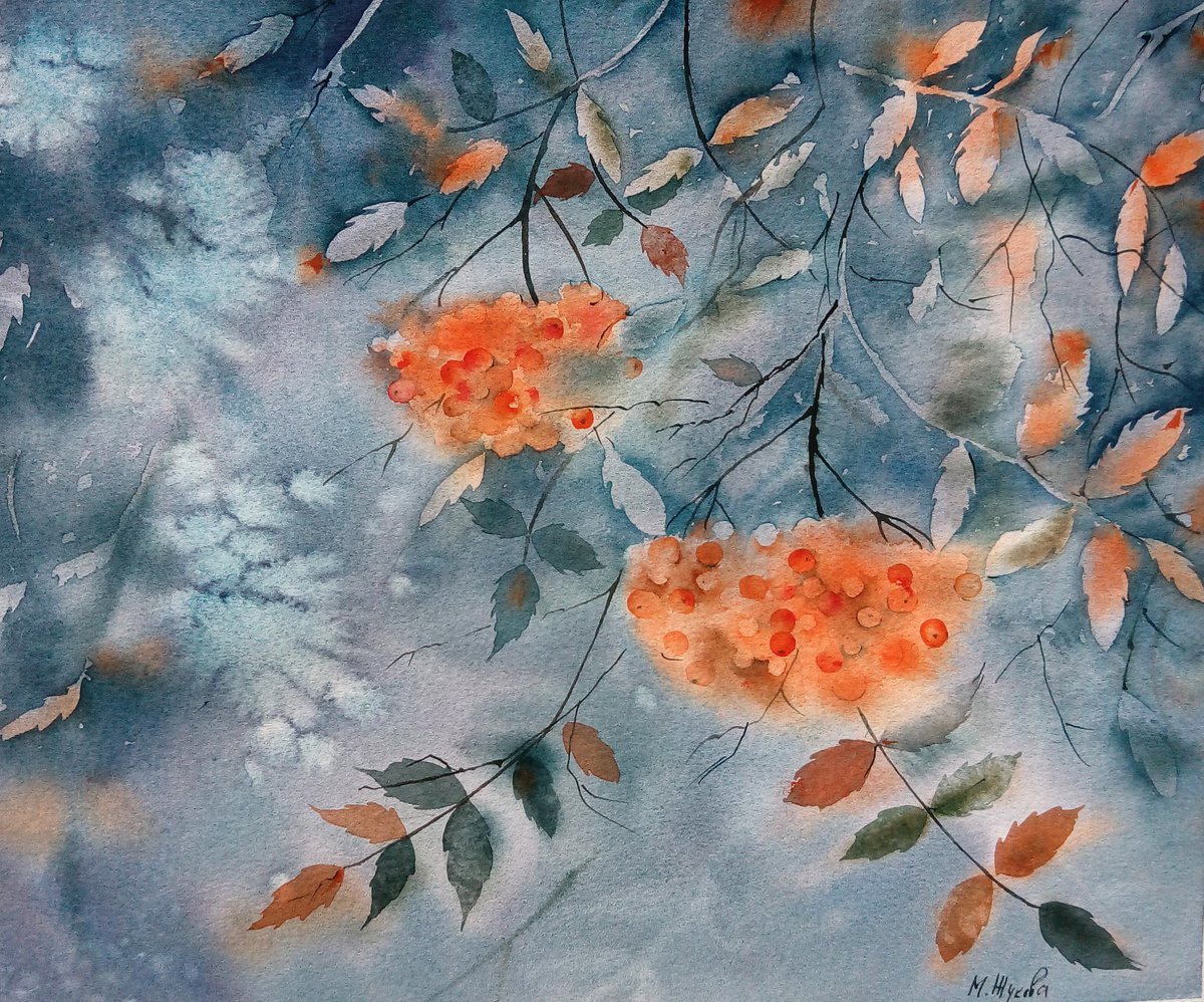 Autumn painting/ Rowan berries art by Marina Zhukova