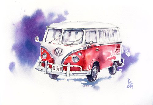 Watercolor sketch "Retro car" original illustration by Ksenia Selianko