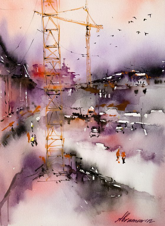 Construction site. Original watercolor painting