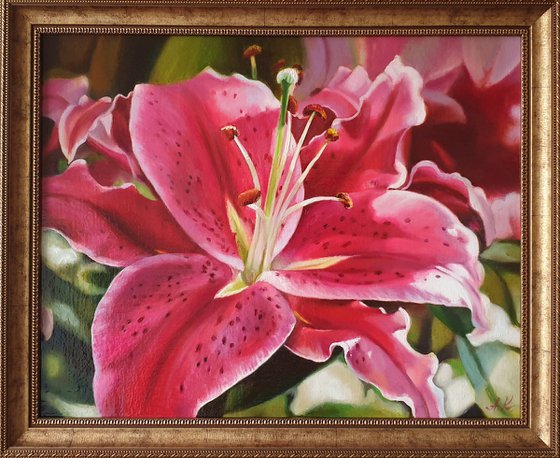 "Oh, lily ..."  pink red flower lily liGHt original painting  GIFT (2021)