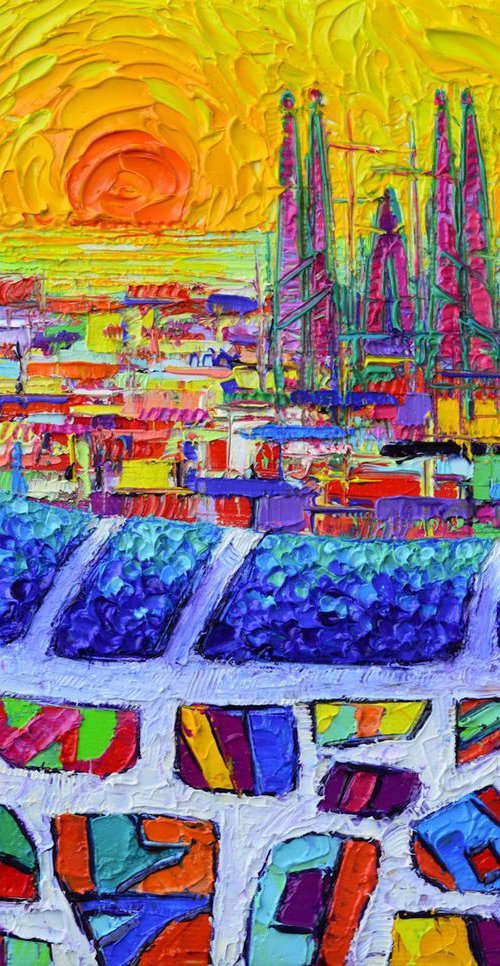 ABSTRACT CITYSCAPE BARCELONA VIEW AT SUNRISE SAGRADA FAMILIA SEEN FROM PARK GUELL textural impasto impressionist abstract stylized city view palette knife oil painting by Ana Maria Edulescu by ANA MARIA EDULESCU