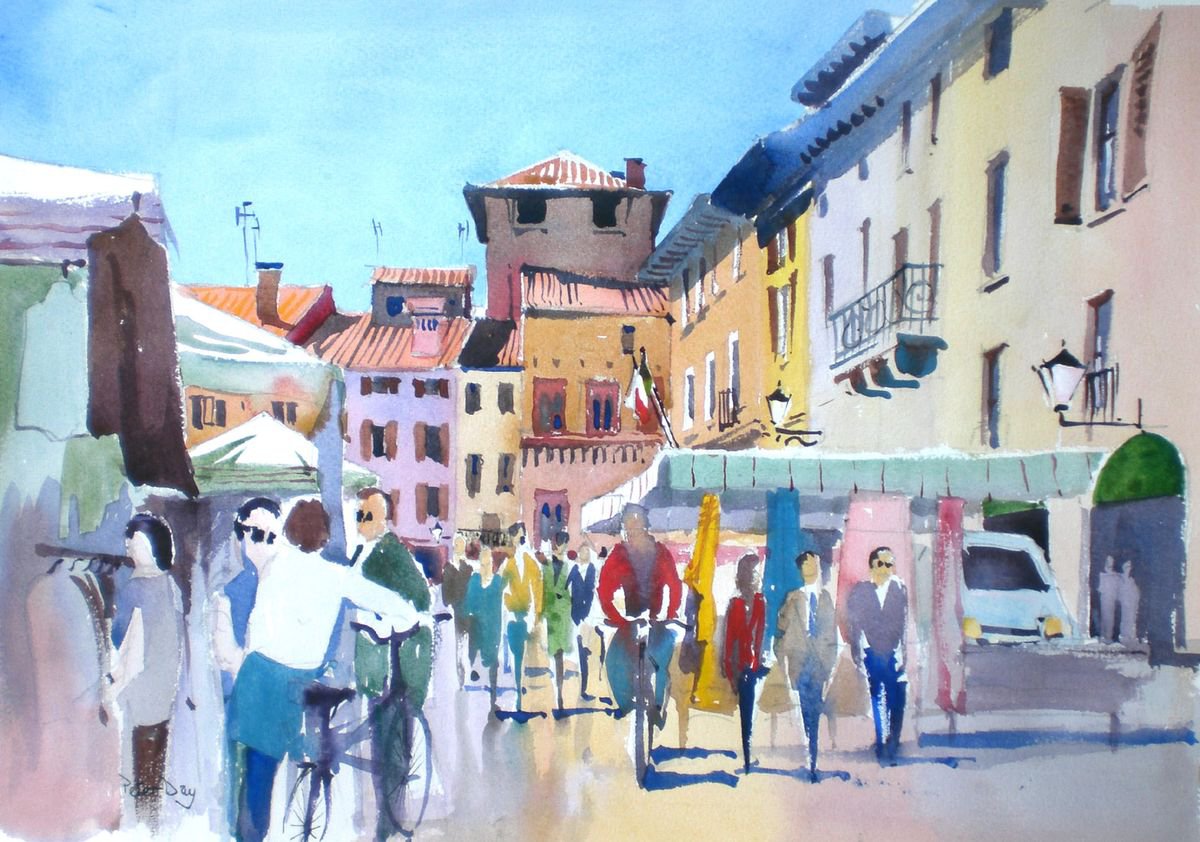Impressionistic Landscape Watercolour By Peter Day, 19 X 14", Market Day, Mantua, Original Artwork