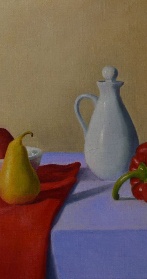 still life with red pepper,pear and apple by Paola Alì