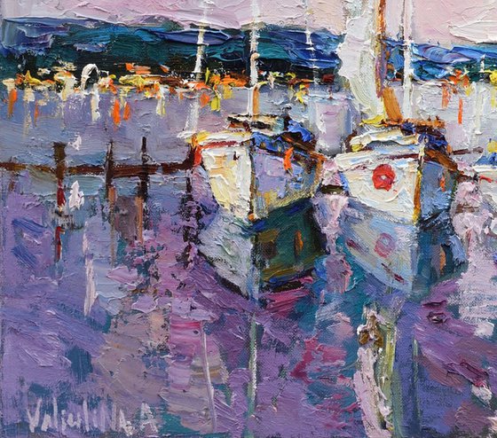 Sailing boats at sunset - Original landscape painting