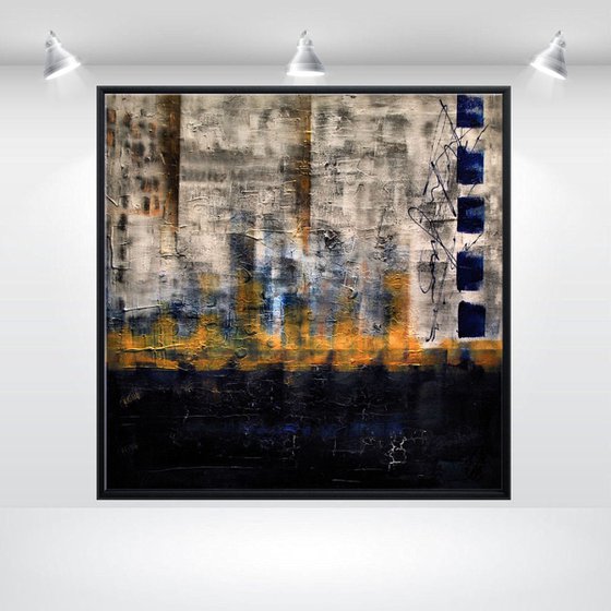 Golden Reflections  - abstract acrylic painting, canvas wall art, blue grey, framed modern art