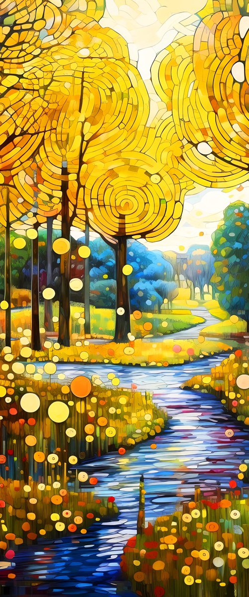 Warm green gold forest and calm river with light reflections and bright sunbeams in Klimt style. Hanging large positive relax colorful wall art for home decor by BAST