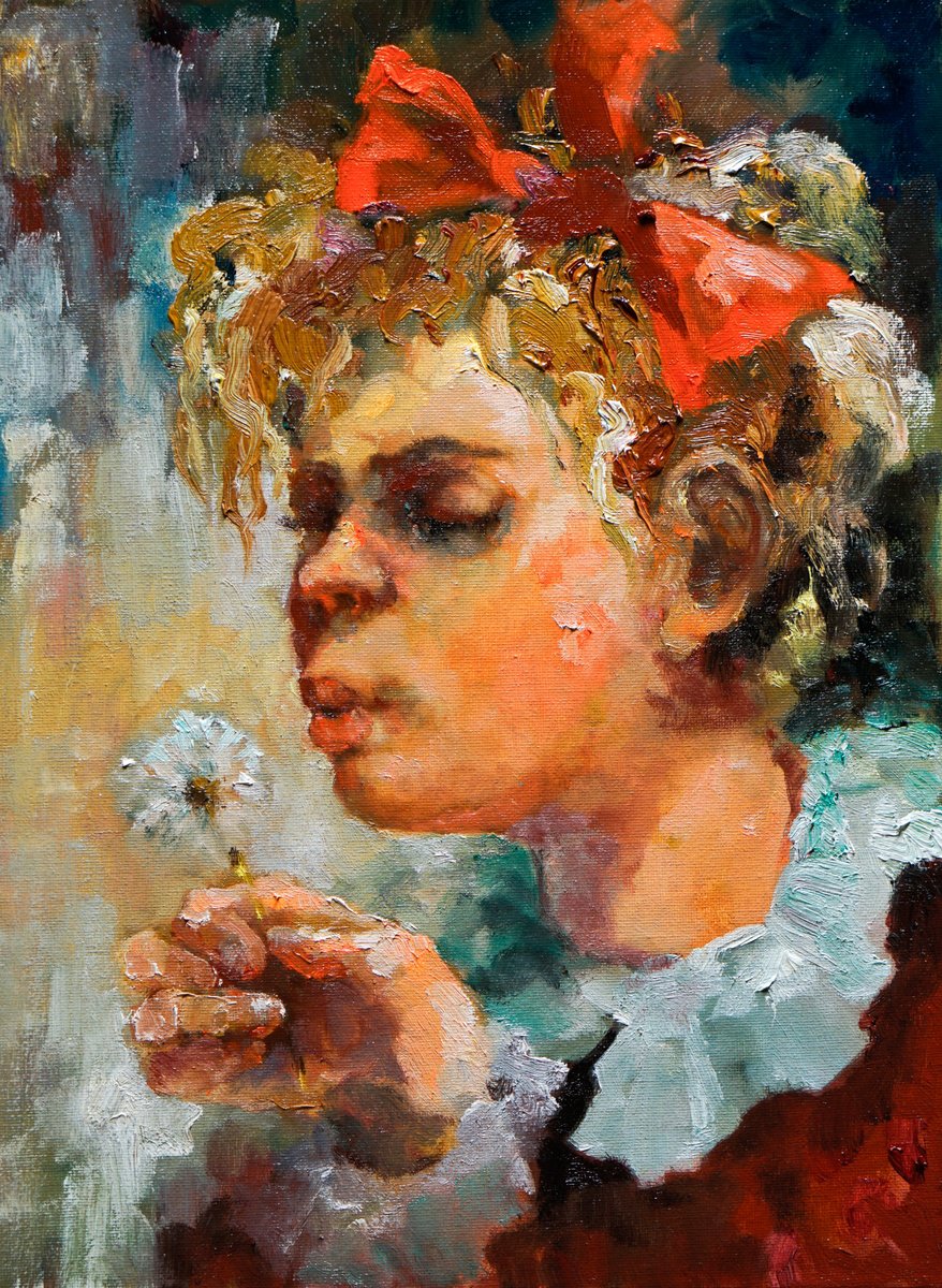 Impressionistic Portrait Oil Painting By Pavel Filin, 12 X 16", Fluffy Dandelion, Original Artwork