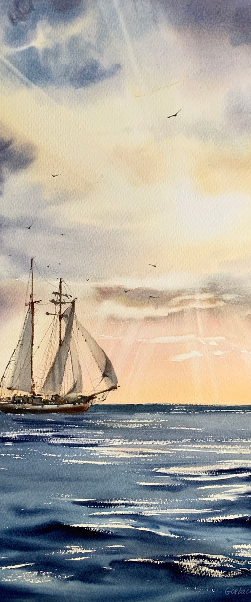 Ship and sun rays #2 by Eugenia Gorbacheva