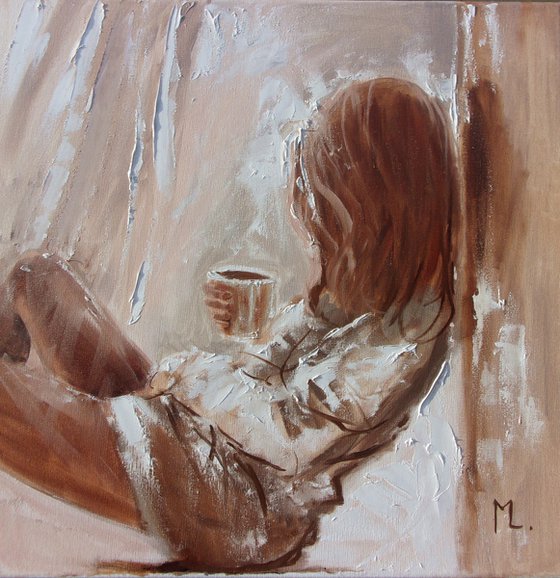 " GOOD MORNING " window liGHt  ORIGINAL OIL PAINTING, GIFT, PALETTE KNIFE