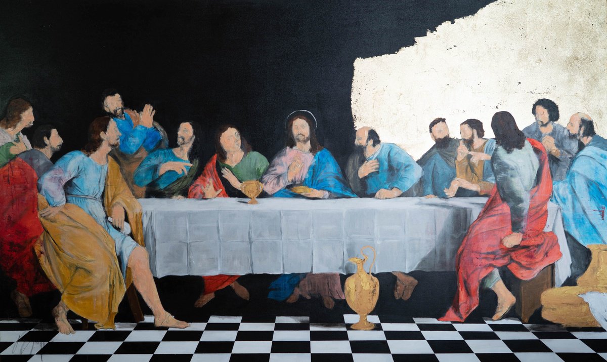 Abstract Portrait Oil Painting By Tomoya Nakano, 66 X 40", The Last Supper Contemporary, Original Artwork