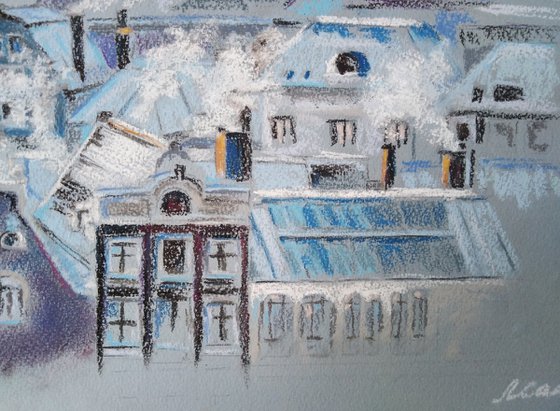 Flight over winter Amsterdam