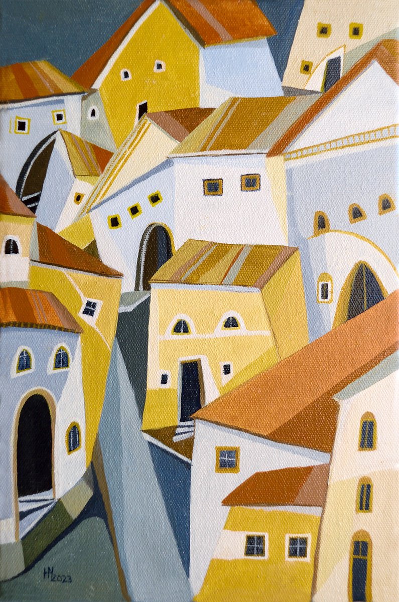 Geometric Cityscapes Oil Painting By Aniko Hencz, 8 X 12, Houses In The Back Alley, Original Artwork