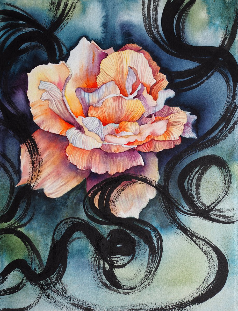 Expressive Botanical Painting By Delnara El, 11 X 15, Rose And Endless Ribbon, Original Artwork