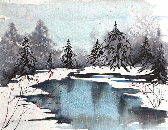 Winter day River in the forest
