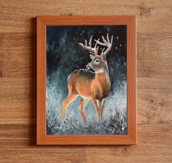 Male buck deer in snowy scene