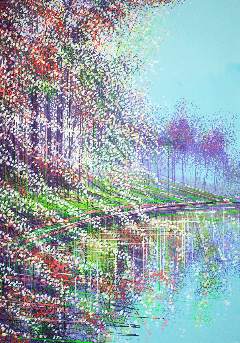 Impressionistic Landscape Acrylic Painting By Marc Todd, 17 X 23", Waterside Spring Blossom, Original Artwork