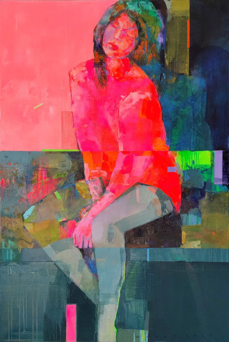 Expressive Portrait Oil Painting By Victor Sheleg, 31 X 47", Pink Agate, Original Artwork