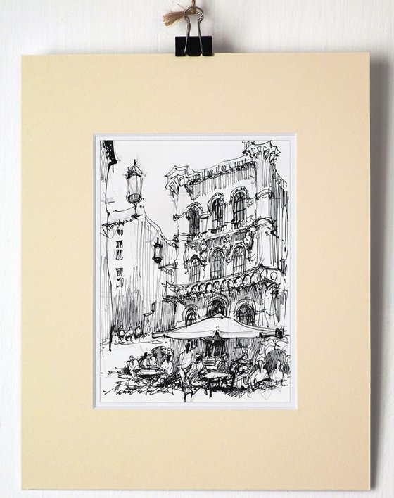 Vienna street scene cafe, ink drawing on paper, 2022