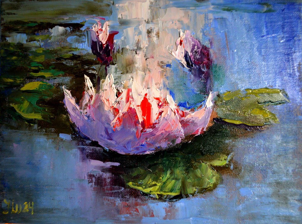 Expressive Botanical Oil Painting By Elena Lukina, 9 X 7, Lily On A Pond, Original Artwork