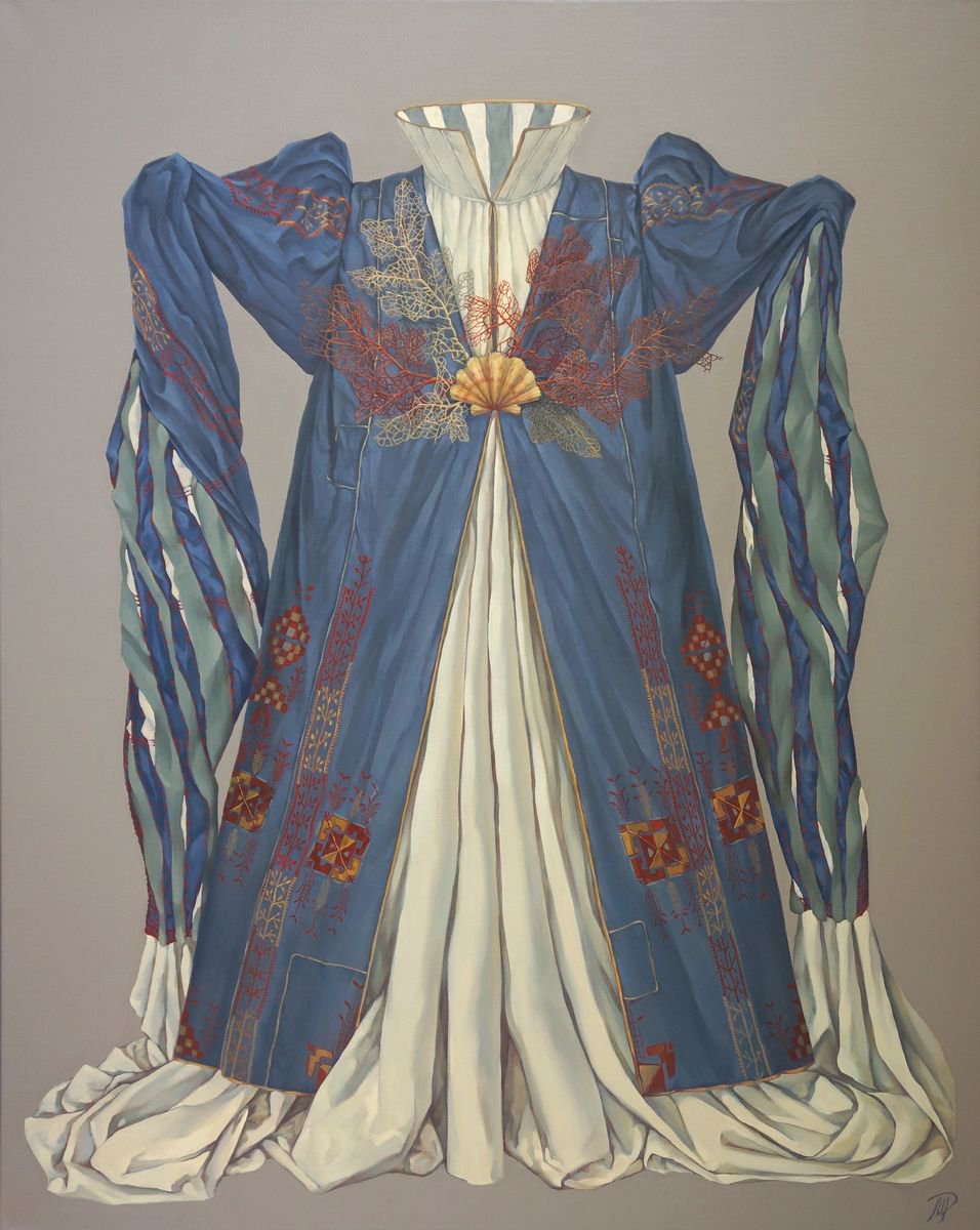 Photorealistic Portrait Oil Painting By Marina Popkova-Sologub, 47 X 59", Dress With Corals, Original Artwork