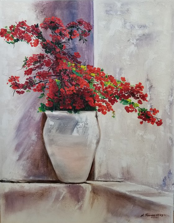 Red Flowers in a Vase. Bougainvillea. Gorgeous Spanish Landscape. Summer Day. Spectacular Oil Painting on Canvas. Home Decor. Floral Oil Painting. Room Accent.