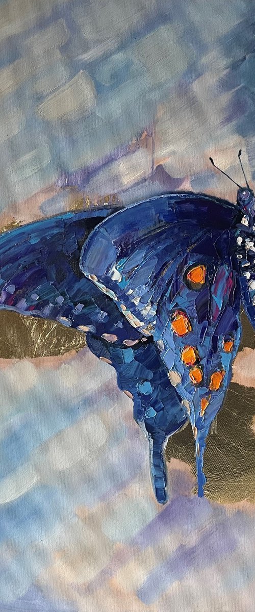 Butterfly on flower. Original oil painting. Blue butterfly by Mary Voloshyna