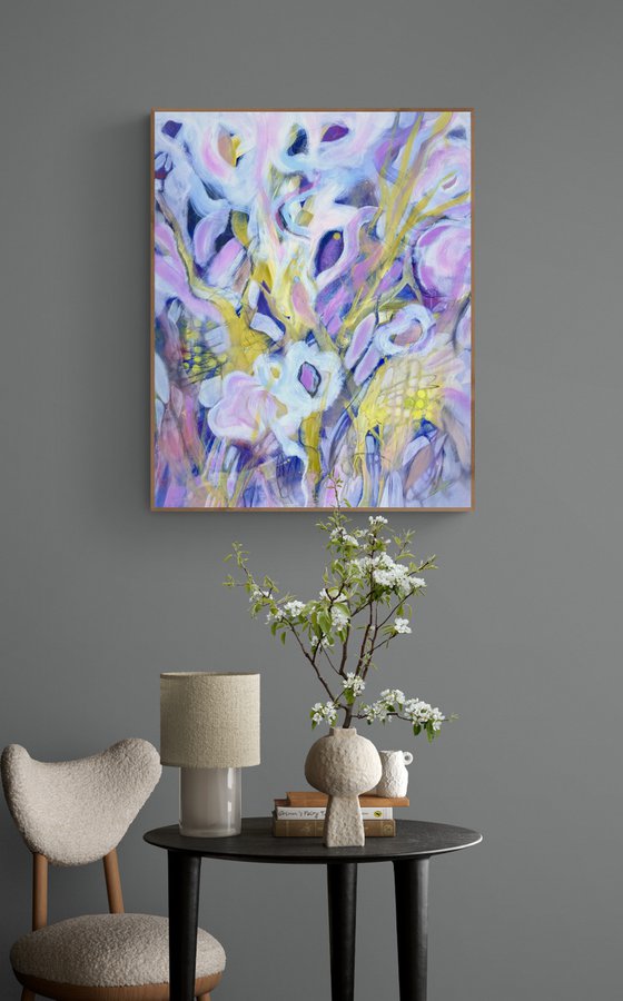 21- large format acrylic painting, pink yellow, abstract bouquet flowers, birthday, for her