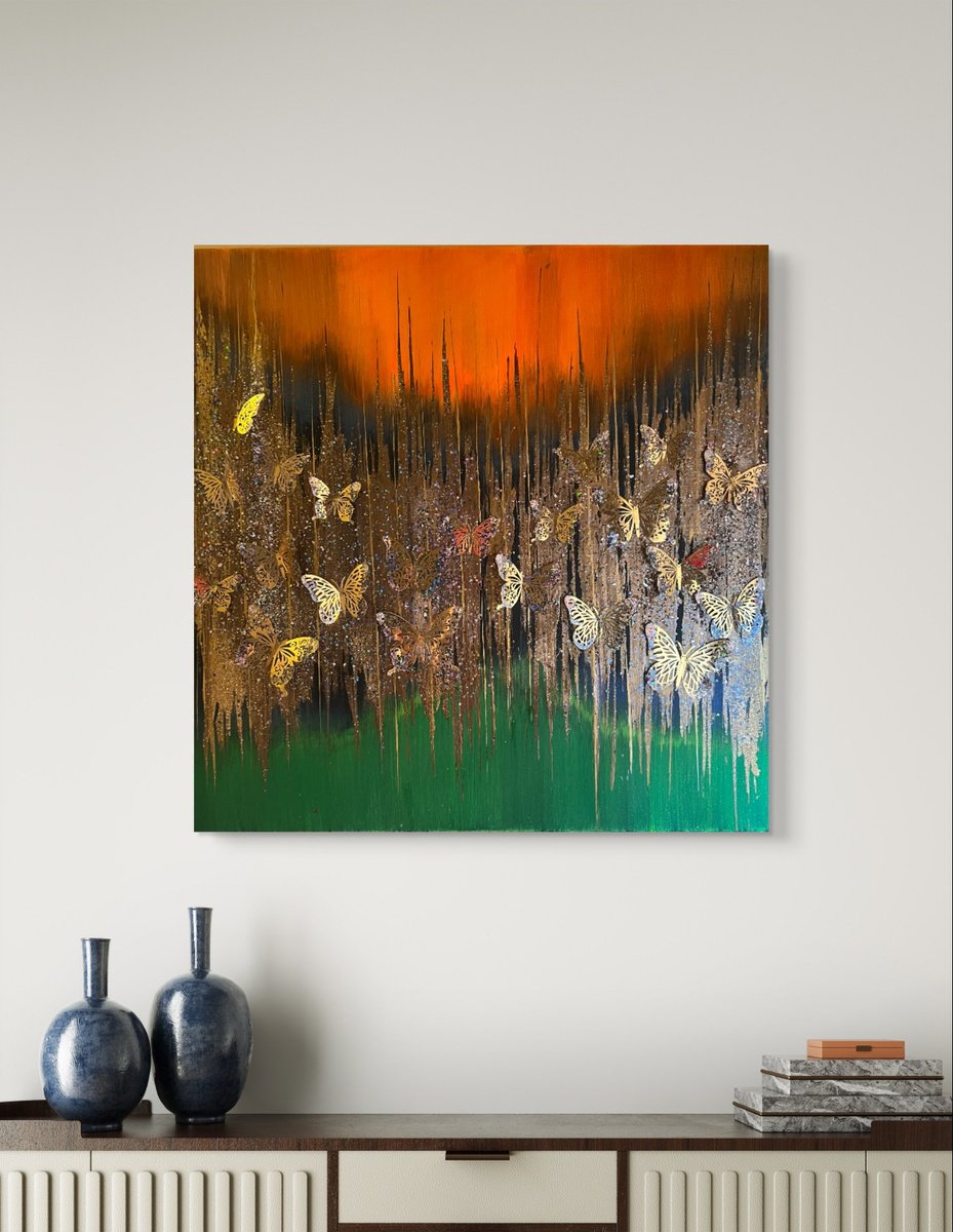 Every end has a beginning sunset abstract butterfly gold green orange with glitter by Henrieta Angel