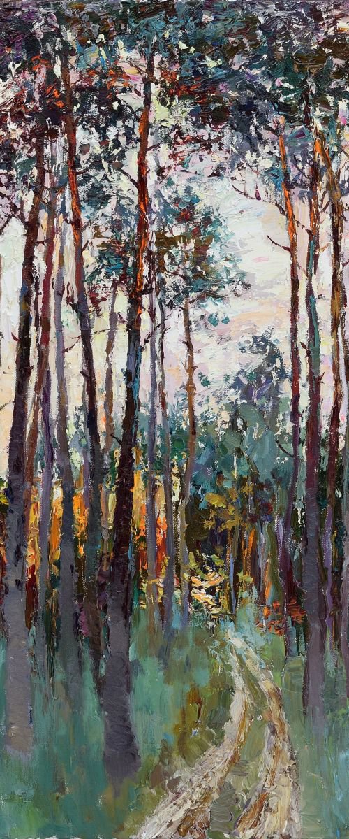 Trees. Morning pine forest -  Landscape painting by Anastasiia Valiulina