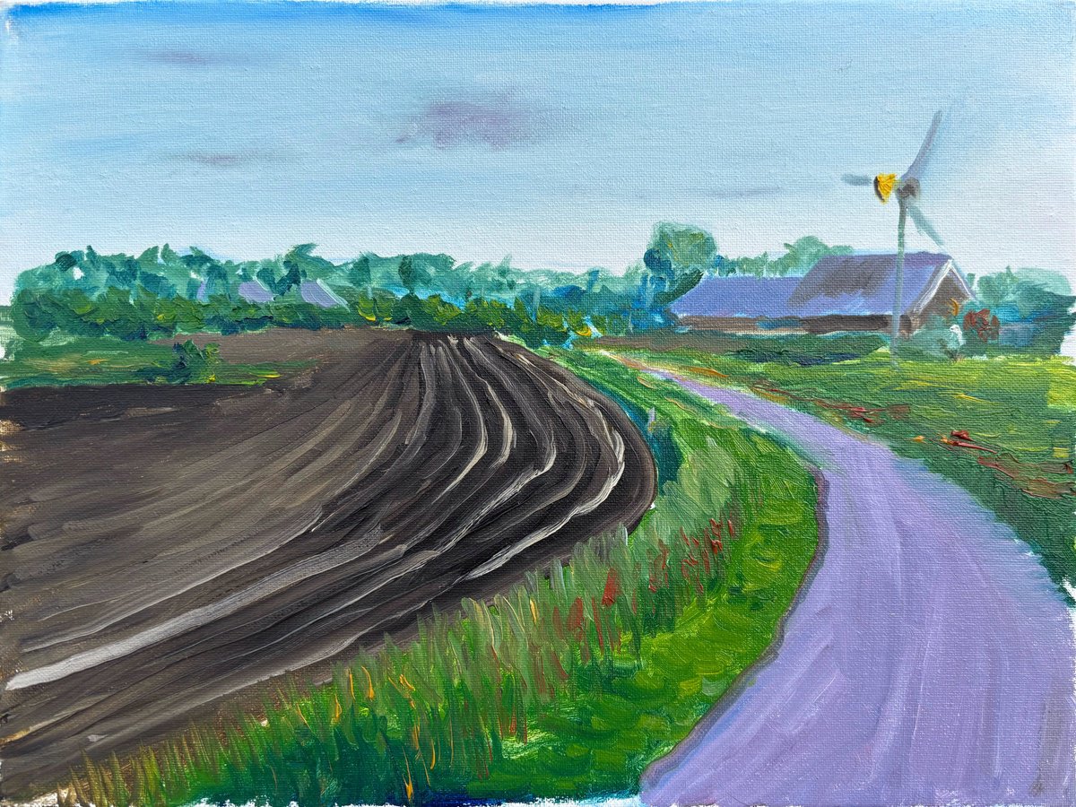 Impressionistic Landscape Oil Painting By Dmitry Fedorov, 16 X 12, Plowed Field, Road And Windmill . Plein Air, Artfinder
