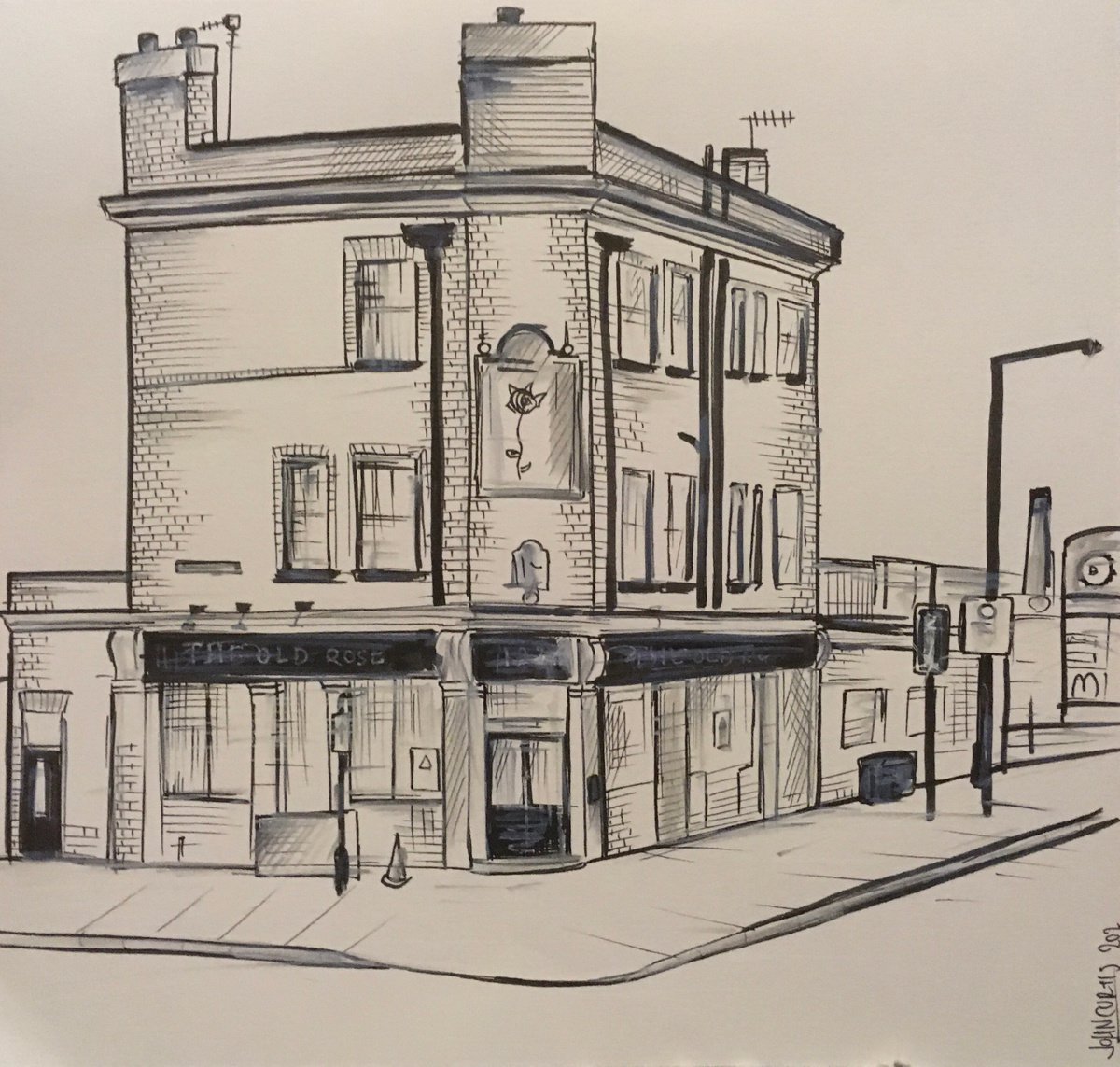 Illustrative Cityscapes Ink Drawing By John Curtis, 8 X 7, Abandoned Pub - The Old Rose, Original Artwork