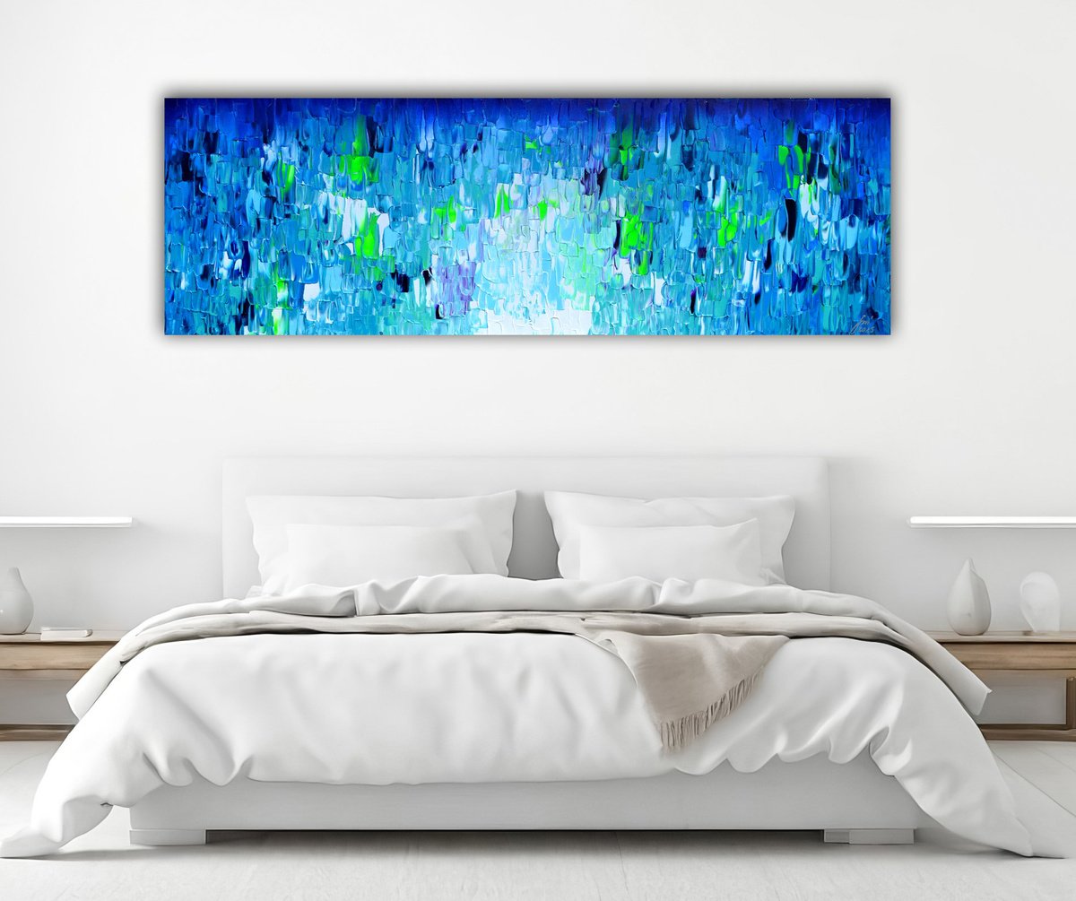 Impressionistic Landscape Acrylic Painting By Soos Tiberiu, 47 X 16", Relief Blue 22, Original Artwork