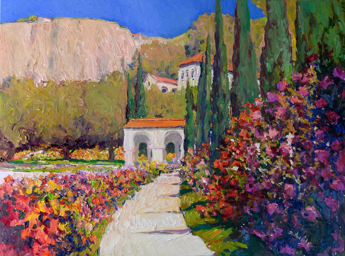 Expressive Landscape Oil Painting By Suren Nersisyan, 40 X 30", Mediterranean Garden, Original Artwork