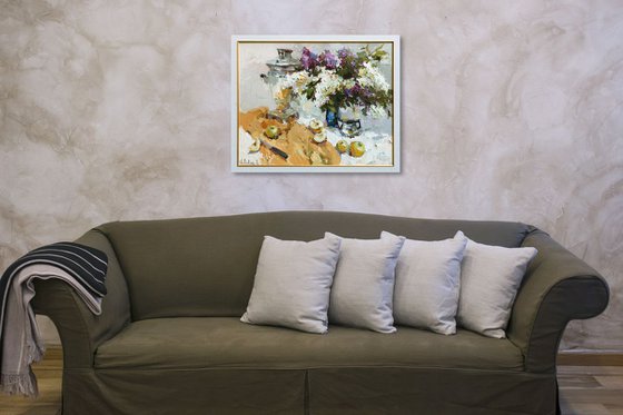 Samovar and Lilac Still Life - Original oil painting Framed