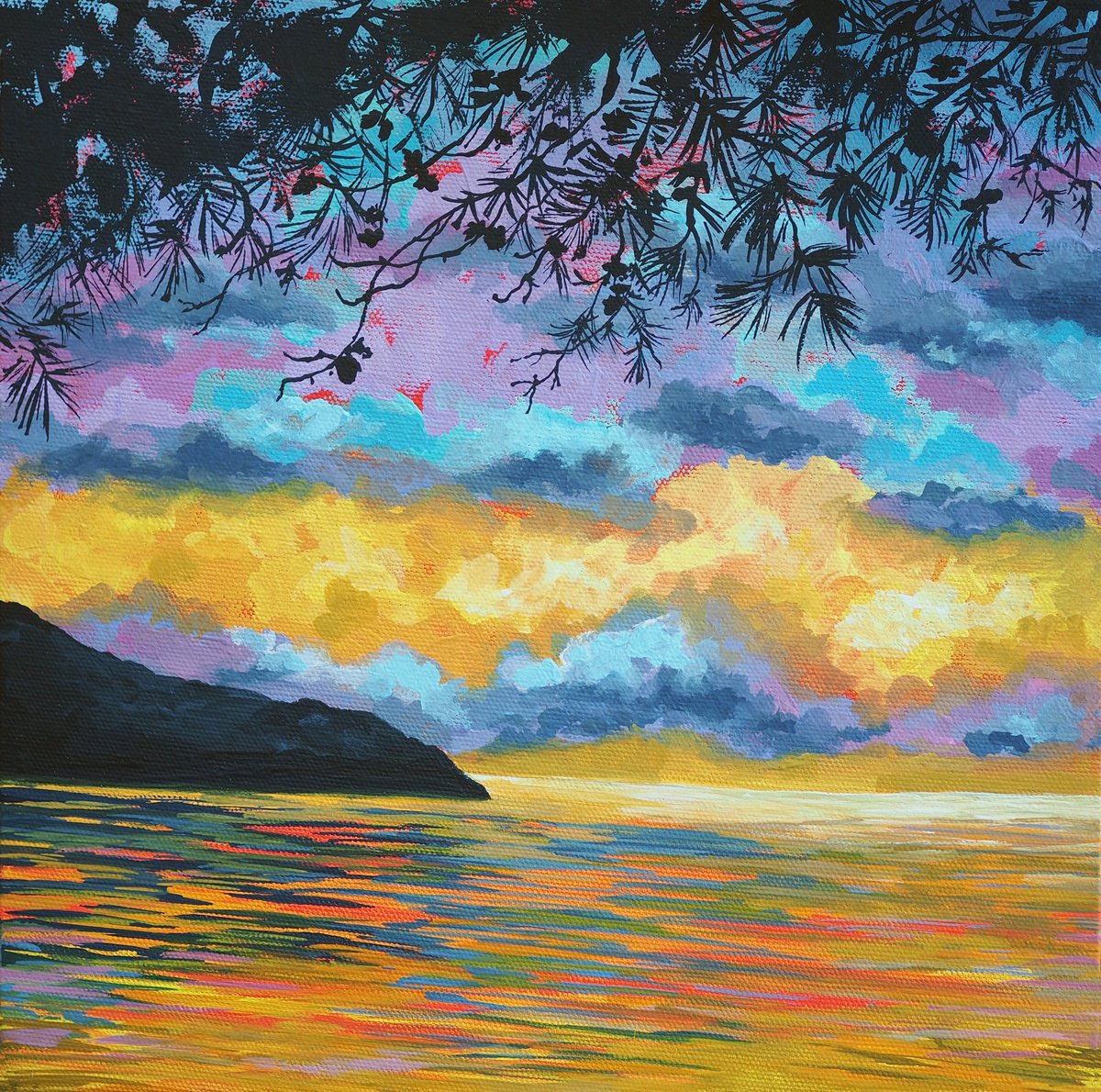 Impressionistic Landscape Painting By Delnara El, 10 X 10, Sunset And Christmas Trees, Original Artwork