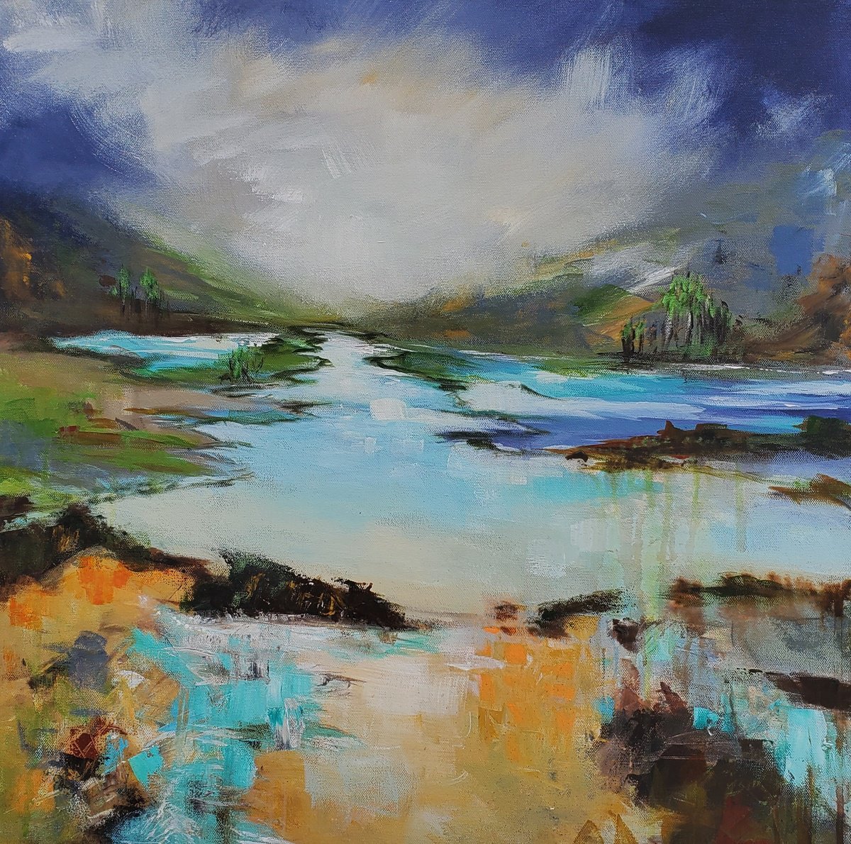 Impressionistic Landscape Acrylic Painting By Niyati Jiwani, 24 X 24", Morning Haze, Original Artwork