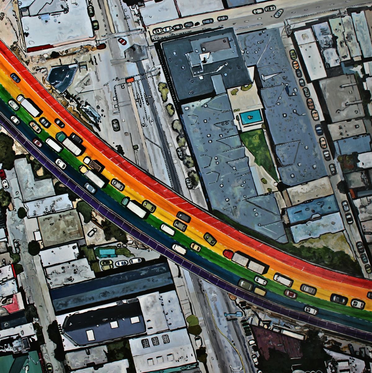 Photorealistic Landscape Oil Painting By Ken Vrana, 38 X 38", Bay Area Bypass, Original Artwork