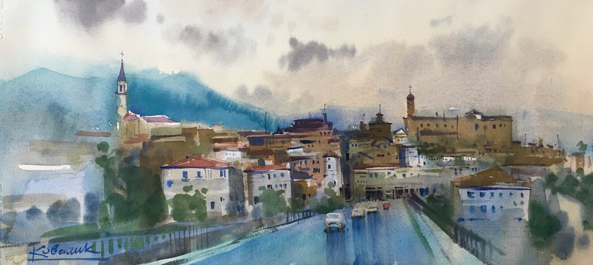 Impressionistic Cityscapes Watercolour By Andrii Kovalyk, 22 X 11, City Of Kagli. Italy, Original Artwork