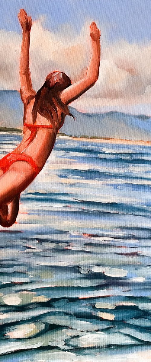 Jumping in Ocean - Swimmer Dive Woman Seascape Original Art by Daria Gerasimova