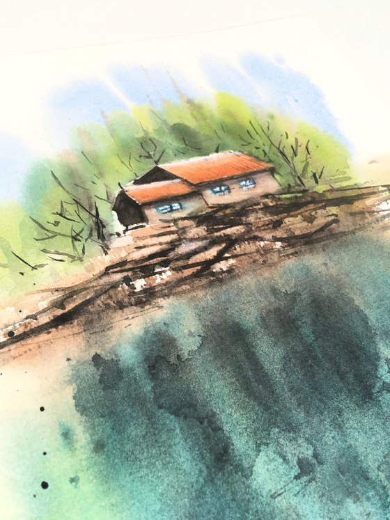 Privacy, original watercolor painting with forest and farmhouse near the lake, medium size, turquoise, gift idea