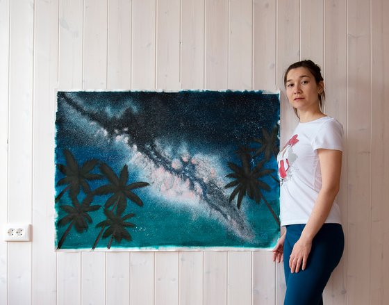 Tropical night symphony with palm trees