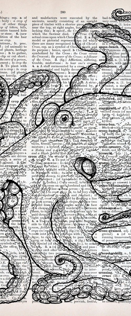 Octopus On The Page - Collage Art Print on Large Real English Dictionary Vintage Book Page by Jakub DK - JAKUB D KRZEWNIAK