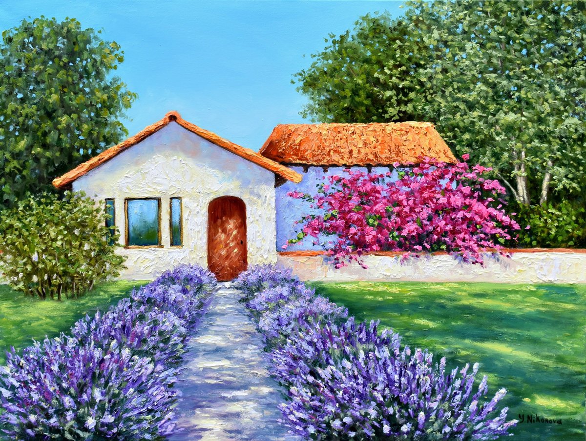 Impressionistic Landscape Oil Painting By Yulia Nikonova, 24 X 18", Spanish Style Villa, Original Artwork