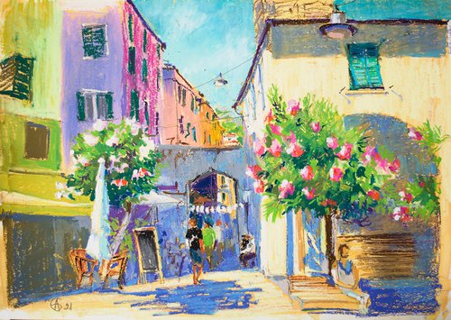 Monterosso. Italian summer. Sunny urban landscape. Medium size oil pastel impressionistic interior painting travel decor cinque terre by Sasha Romm