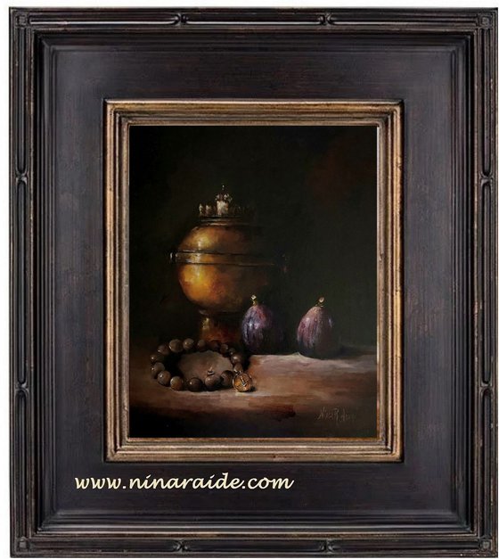 Still Life with Figs, Brass and Lucky Coin Original Oil Painting Art Framed