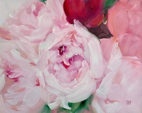 Original oil painting pink peonies bouquet