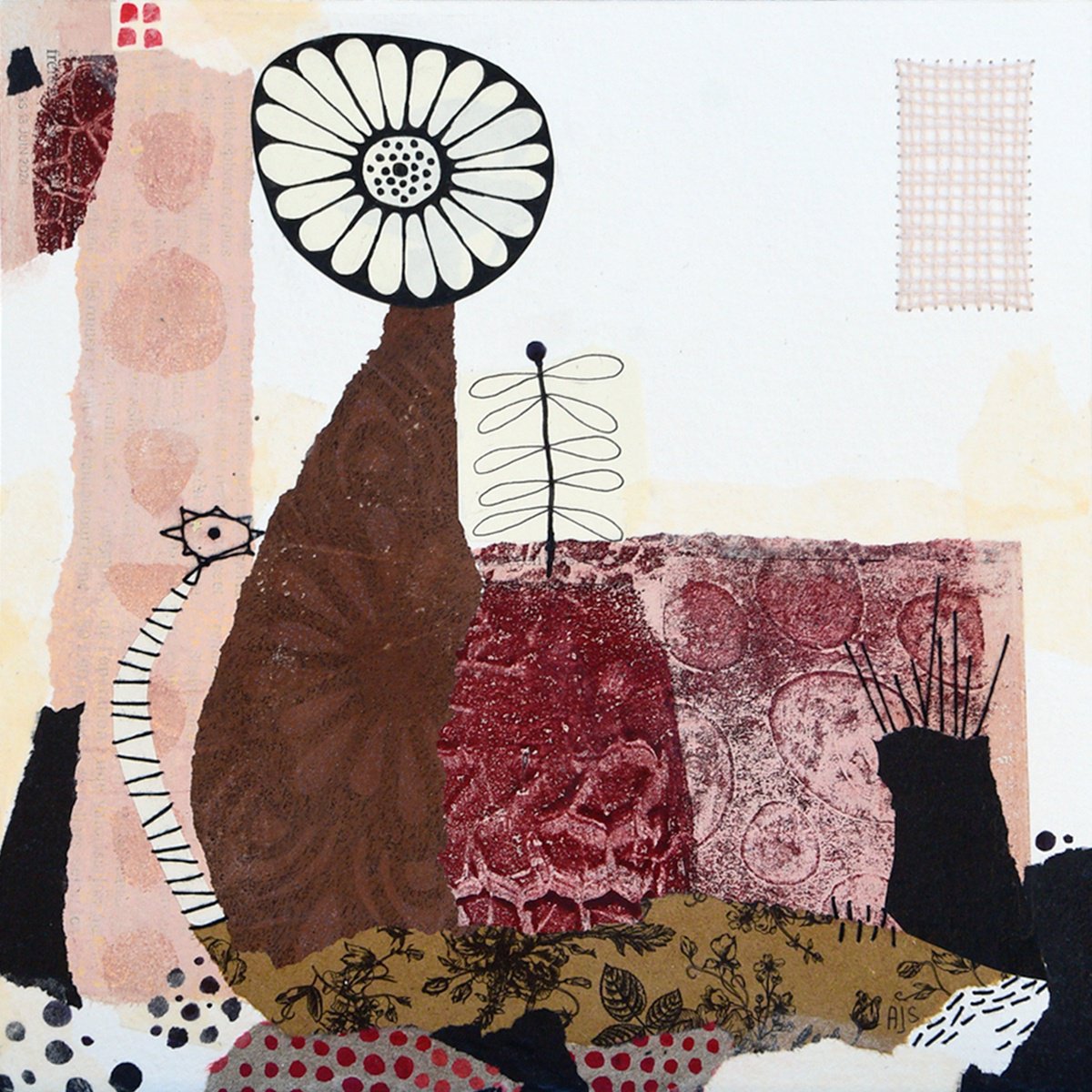 Surrealistic Botanical Collage By Armandine Js, 8 X 8, Paper Garden Pink 2, Original Artwork